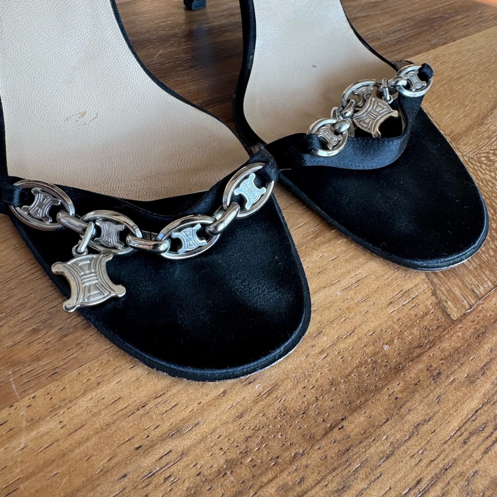 Celine Black Heeled Sandals with Silver Chain - Picture 4 of 6